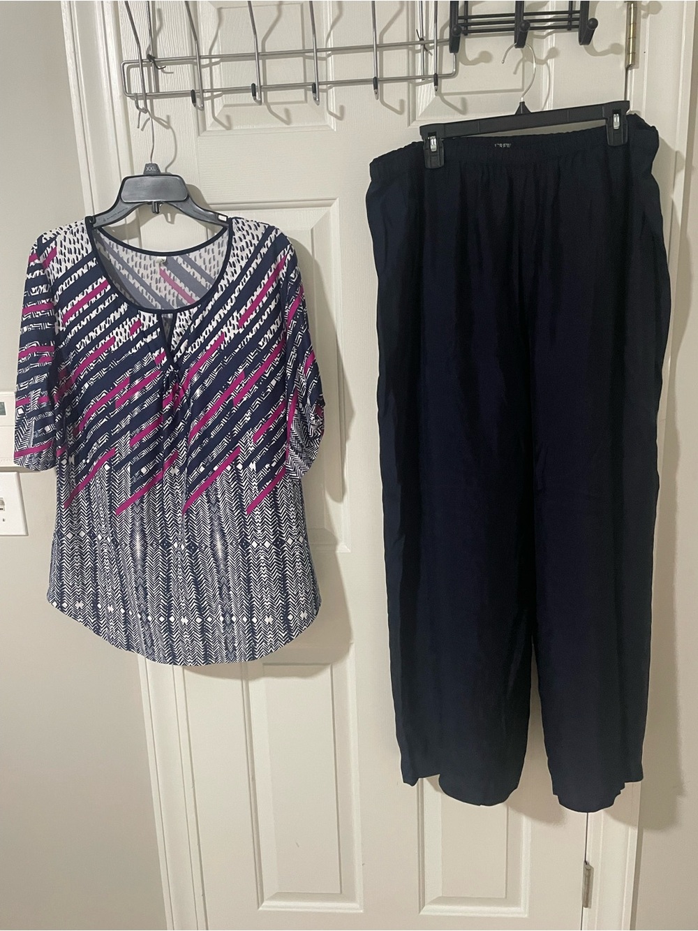 Patterned Scoop Neck Blouse with Navy Pants j crew xl